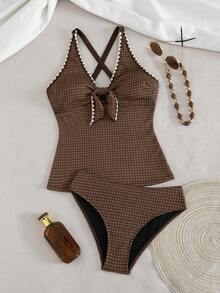 Swim Lushoire Women's 2 Pieces Brown Rhombus Pattern Bikini Set With Shell Trim And Bow Detail, Summer Beach Swimwear - Brown - View 7