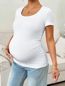 SHEIN Maternity Casual Solid Color Short Sleeve T-Shirt For Summer - White - View 3