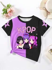 Áo thun ngắn tay cơ bản dành cho bé gái, phong cách thường ngày, sáng tạo, cá tính, tươi mới, tối giản, họa tiết nhân vật nhóm nhạc nữ ảo, ngôi sao và màu tím phối hợp, in chữ đồ họa đen, khẩu hiệu. Thoải mái khi mặc hàng ngày, ấm áp cho mùa hè và mùa thu. Thích hợp cho mùa xuân, hè và thu. - Nhiều màu - Xem 7