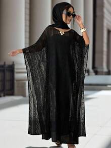 Vesra 2pcs Women's Black Lace Sheer Cover-Up & Camisole Dress Set - Black - View 4