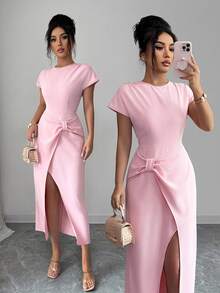 Franclia Đầm cổ chữ V xẻ tà trang trí nơ dành cho nữ - Màu be - Xem 1