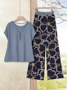 Rusticease 两件套女士休闲圆领上衣和宽松长裤，百搭套装，适合春秋季穿着 - 彩色 - 查看 3