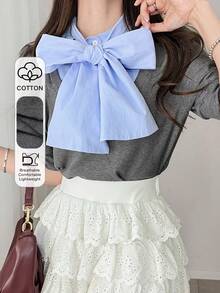 FRIFUL 女士圆领花瓣袖蝴蝶结拼接撞色短袖甜美T恤 - 藍色 - 查看 1