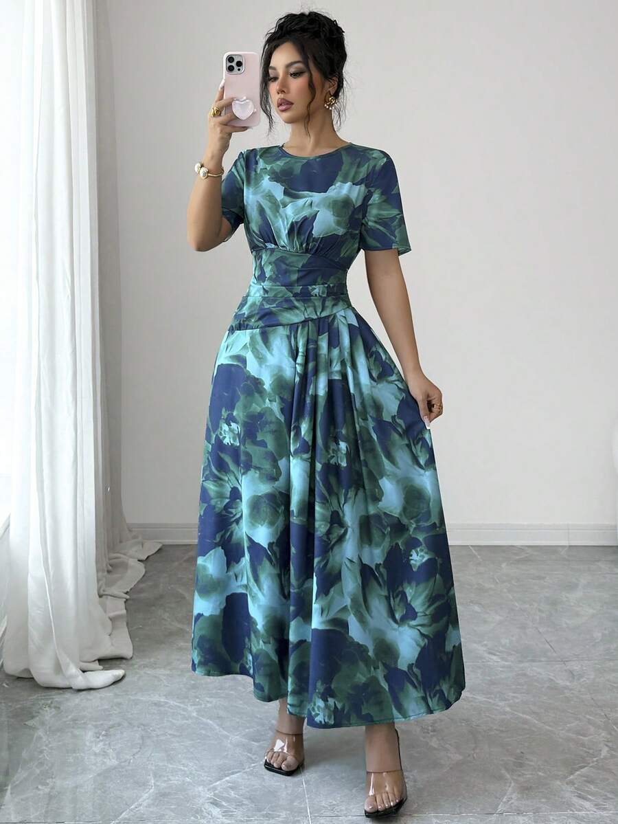 Elenzga Women's Summer Beach Vacation Floral Print Ruched Waist Dress - Green - View 1