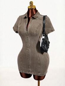 Mistrie Women's Short Sleeve Zip Front Fitted Casual Denim Dress - Brown - View 4