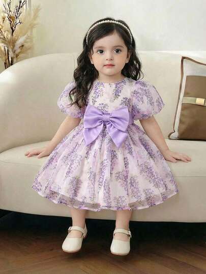 This One-Piece Cute Baby Girl Casual And Simple Floral Print Puff Sleeve Dress Is Suitable For Birthday Parties, Evening Parties, Performances, Weddings, Baptisms, Opening Ceremonies, Everyday Wear, School, Outings, And Spring/Summer Seasons.