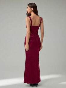 SHEIN Tall 女士纯色蕾丝修身优雅性感约会之夜抹胸美人鱼连衣裙，万圣节服装 - 酒紅色 - 查看 2