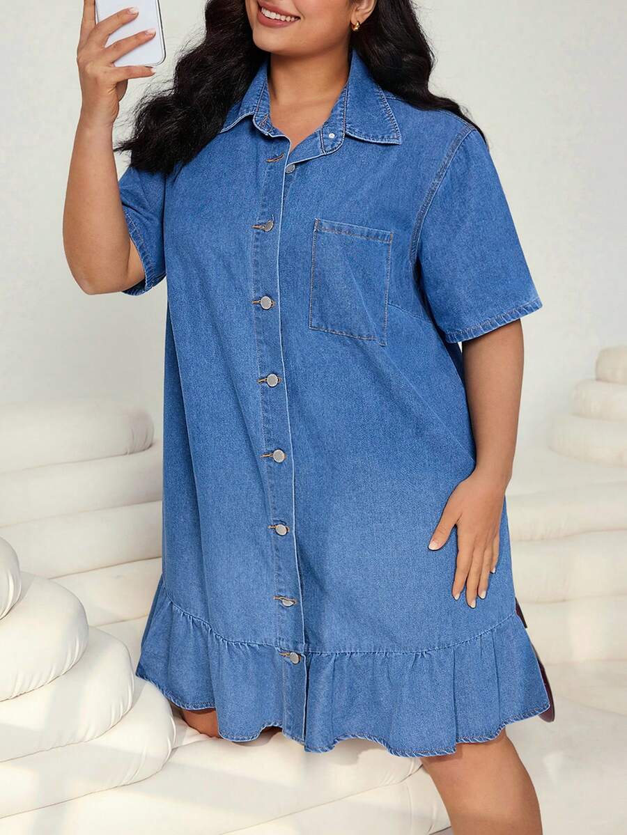 Solflare Rochie de vară pentru femei plus size, casual, cu tiv în volane, model patchwork, din denim, pentru naveta, primăvară-vară, costum de carnaval, naveta, vacanță, absolvire, șic, Y2K, drăguț, streetwear, petrecere, nuntă, elegantă, business, casual, albastru, rochie de damă plus size, cu tiv în volane și mâneci scurte, casual, croială lejeră, plus size, rochie de damă cu tiv în volane, rochie de lucru, rochie de denim, primăvară, modă, noi sosiri, încrezătoare, plus size, drăguță, rochie plus size - Albastru - Vizualizare 1