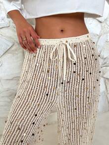 Firerie Women's Elegant Casual Beach Vacation Music Festival Party Low Waist Drawstring Knit Sheer Wide-Leg Pants, Spring/Summer - Beige - View 2