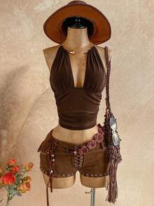 Soleia New Metallic Accent Knit Halter Neck Top, Suitable For Holiday, Date, Afternoon Tea, Beach, Cruise, Road Trip, Music Festival, Boho Vacation - Brown - View 3