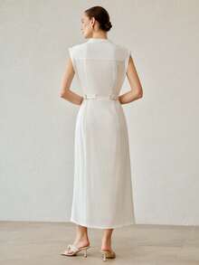 MOTF PREMIUM FASHIONABLE DESIGN SLEEVELESS WAIST TIE ADJUSTABLE LINEN MIDI DRESS FOR WOMEN - White - View 3