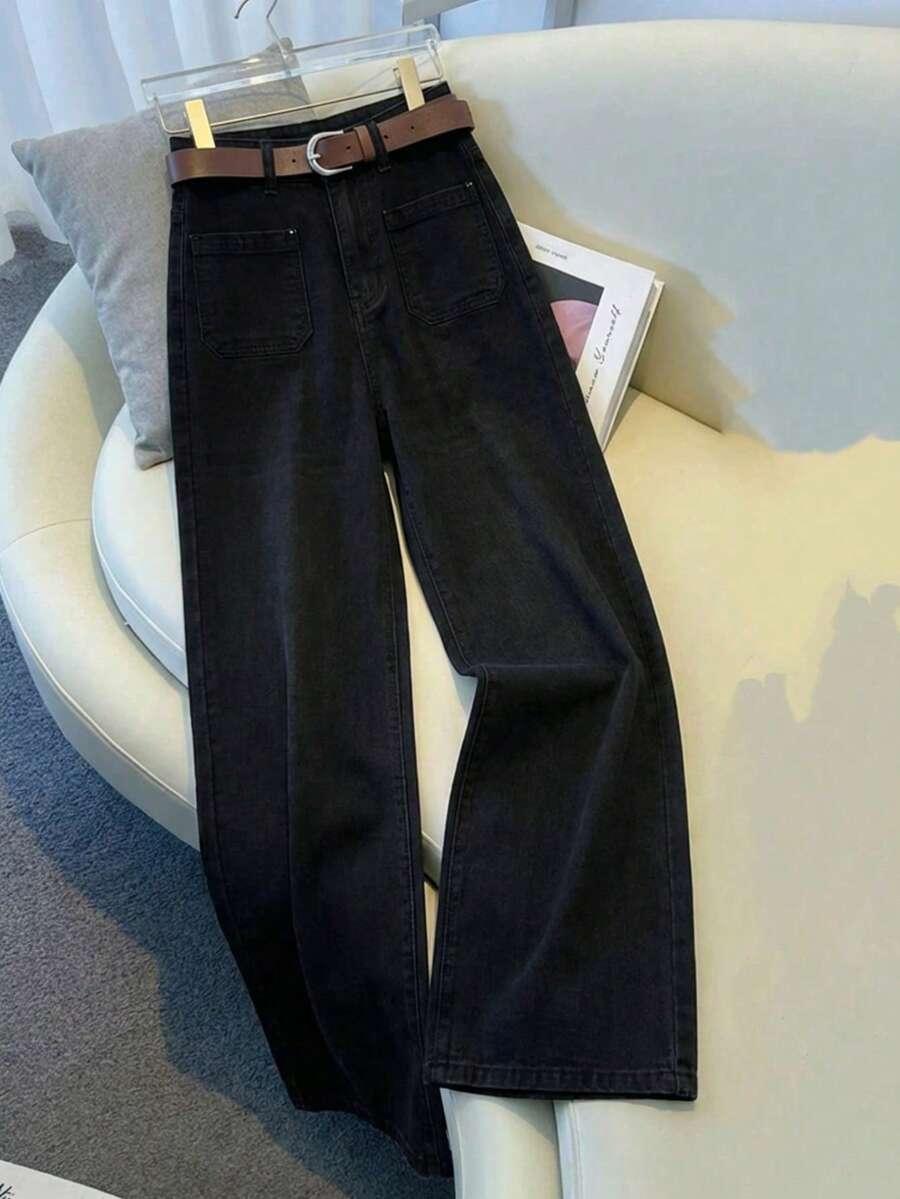 Pantalones vaqueros de piernas anchas para mujeres, tejidos sólidos, botones, materiales opacos y micro - elástico, todos los artículos - Negro - Ver 1