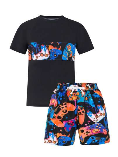 Tween Boys Swimwear Set - Short Sleeve Rash Guard Top And Beach Shorts, Casual Sports Swimsuit For Summer