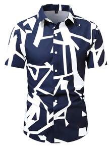 Manfinity Homme Men's All-Over Print Single-Breasted Casual Versatile Daily Wear Short Sleeve Shirt - Navy Blue - View 3