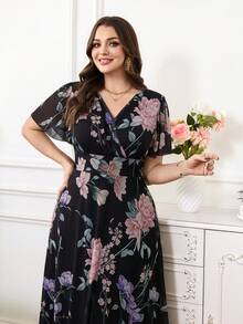 Reflora 大码女式夏季连衣裙，优雅印花短袖中长连衣裙，收腰设计，网纱印花，弹力舒适，飘逸灵动。 - 彩色 - 查看 6