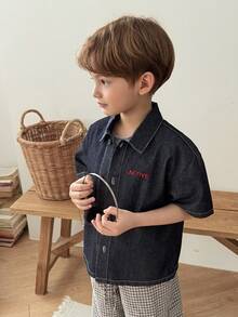 DAZY Toddler Boys' Letter Embroidered Short Sleeve Denim Shirt - Blue - View 3