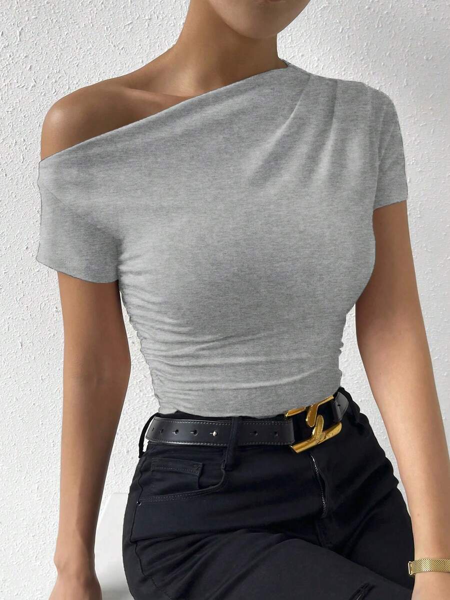 EMERY ROSE Women's Solid Color Asymmetrical Shoulder Short Sleeve Fitted Casual T-Shirt - Light Grey - View 1