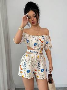 Elenzga 女士休闲优雅杏色碎花露肩系带修身连体裤，春夏款 - 彩色 - 查看 5