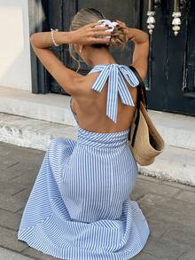 SHEIN PariChic 女士露背深V长连衣裙 - 蓝白竖条纹无袖褶皱腰身夏季沙滩鸡尾酒会连衣裙 - 藍白色 - 查看 2