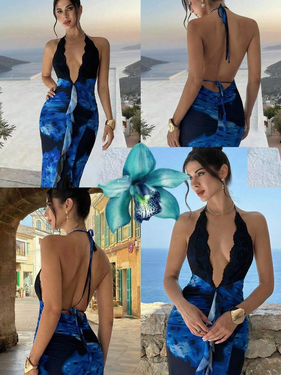 Firerie Đầm Maxi Ôm Body Dáng Chữ A Màu Xanh Thanh Lịch, Cổ Chữ V, Hở Lưng, Ren Họa Tiết Nghệ Thuật, Đường Riềm Xếp Nếp, Dành Cho Nữ, Thích Hợp Đi Biển, Nghỉ Dưỡng, Tiệc Tùng, Lễ Hội Âm Nhạc - Màu xanh lam - Xem 1