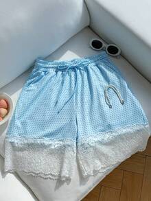 Comfortcana 女士休闲波点蕾丝拼接短裤，夏季 - 藍色 - 查看 5