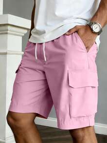 Manfinity Dauomo Men's Summer Casual Fashion Street Daily Hen Do Commute Solid Color Drawstring Waist Flap Pocket Cargo Shorts Hot Pink - Baby Pink - View 3