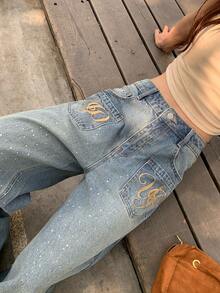 DAZY Celana Jeans Kasual Longgar Wanita dengan Bordir Huruf, Gaya Korea - Biru - View 7