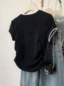 Resyla 女士休闲印花T恤，夏季新款，简约设计，黑色底色搭配犬牙刺绣，适合返校季和教师节穿着。 - 黑色 - 查看 2