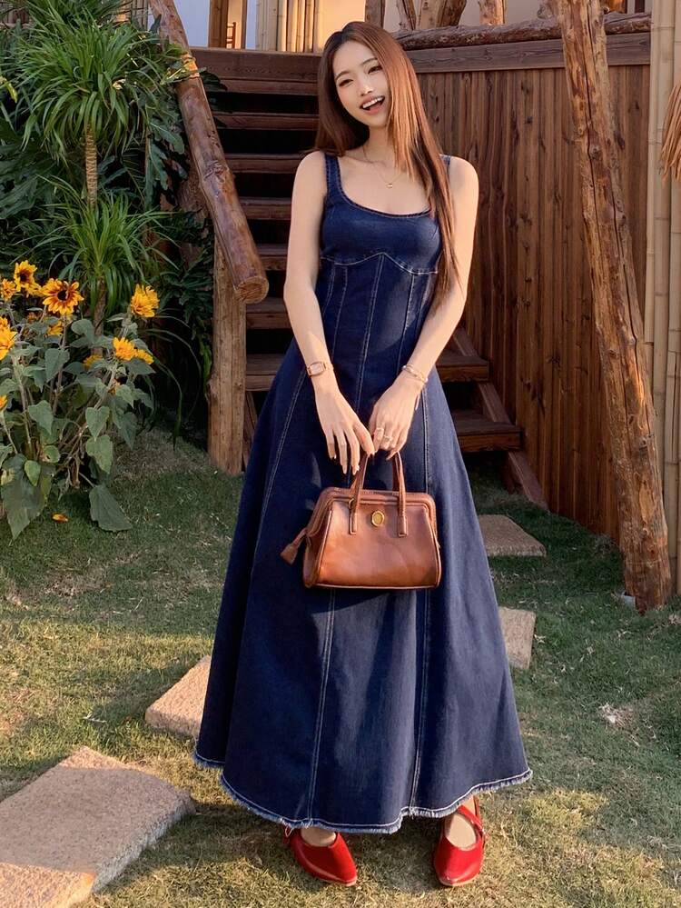 Women's Casual Ruffle Trim Vintage Washed Denim Dress