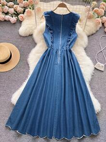 GlowEve Women's Embroidered Ruffle Hem Sleeveless Denim Dress - Medium Wash - View 3