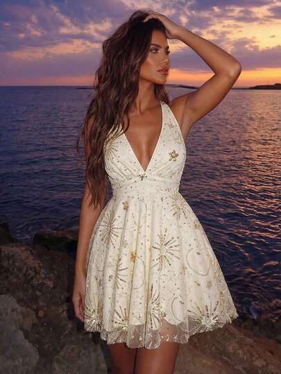 Glamine Charm Women's Mini Dress With Star & Moon Pattern, Tie-Up Element, Shiny Fabric, New Arrival Spring/Summer, Apricot Color Creme Dress Vacation Dinner Dress Summer Elegant Dress Promseason Short Vacation Dress Elegant Short Dress Vintage Marie Aristocrats