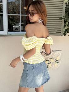 Serisse 女士休闲格子花瓣袖衬衫 - 黃色 - 查看 5