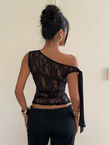 Siren Gaze Women's Sexy Sheer Lace Asymmetric Neck Blouse, Summer - Black - View 2
