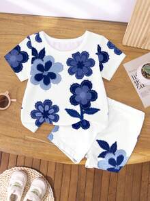 Spring And Summer 2-Piece Outfit For Baby Girls, Casual Fashionable Creative Floral Print T-Shirt And Bike Shorts Set, Comfortable Daily Wear - Multicolor - View 3
