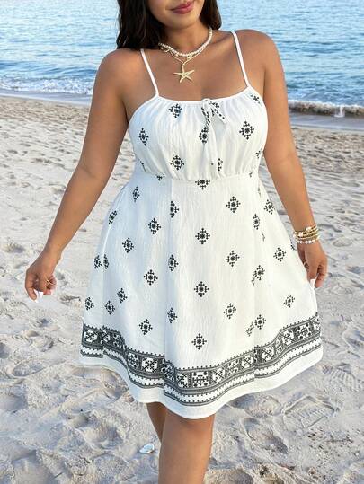 GalTyme 2000s Style,Summer,Spring,Y2k,Easter,Vacation,Festival,Plus Size Women Floral Print Tie Front Casual Cami Dress,Holiday,St Patricks Day,Beachwear