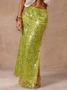 Opulessa 女士纯色流苏亮片拼接优雅A字裙 - 綠色 - 查看 5