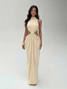 Aloruh Women's Spring/Summer Braided Apricot Sleeveless Hollow-Out Straight Dress - Apricot - View 3