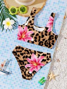 Tween Girls Cute Chocolate Brown Leopard & Lily Floral Print Two Pieces Bikini Swimwear Set,Summer Beach Holiday Camisole & Triangle Bathing Suit - Multicolor - View 2