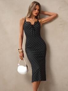 NOVVYNE Sexy & Elegant V-Neck Lace Trim Camisole Dress, Waist Cinching, Versatile Bodycon Dress - Black - View 5