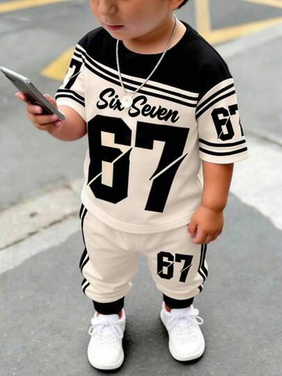 2pcs Baby Boys 6 Months - 2-3 Years Old, American Sports Style, Contrast Color + "Six Seven 67" Numeric Print Short Sleeve T-Shirt + Jogger Pants, Soft Thin Fabric, Fashionable Casual/Sportswear Summer Outfit Set