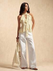 Easelle Áo tank top nữ màu vàng lưới, cổ yếm, không tay, xếp nếp, khoét lỗ - Màu vàng ngỗng - Xem 3