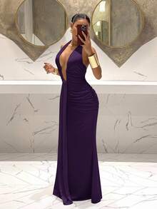 Slaydiva 2025新款优雅深V领美人鱼连衣裙，适合派对、生日、酒吧、夜店、情人节、万圣节、圣诞节等场合 - 棕色 - 紫色 - 查看 3