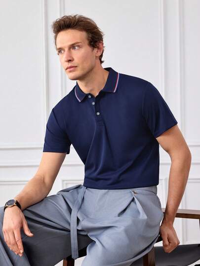 Officeau 男士撞色滚边高尔夫Polo衫，半扣领，柔软轻盈，商务休闲工作衬衫，适合送给男友，也适合高尔夫、日常穿着、夏季和网球运动。