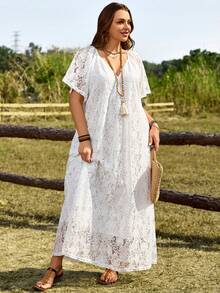 SHEIN CURVE+ Đầm ren trắng trơn phong cách đồng quê cho nữ size lớn, thời trang mùa hè dạo phố đi chơi, quần áo đi nghỉ dưỡng, quần áo đi lễ hội, quần áo đi biển, phong cách phương Tây, dáng xòe bay bổng, phong cách thời trang đơn giản, mẫu mới 2026, phù hợp mặc hàng ngày, đi chơi, đi nghỉ mát, đi xem hòa nhạc nhạc đồng quê - trắng - Xem 6
