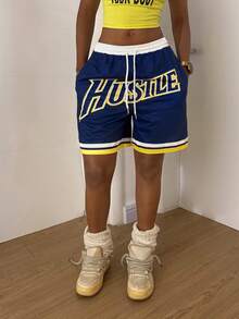 StreetHx Women's Drawstring Waist Pocket Letter Print Casual Versatile Daily Shorts - Navy Blue - View 3