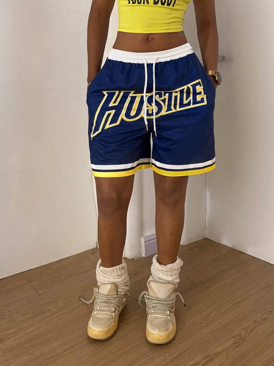 StreetHx 女士抽绳腰带口袋字母印花休闲百搭日常短裤 - 藏蓝色 - 查看 1