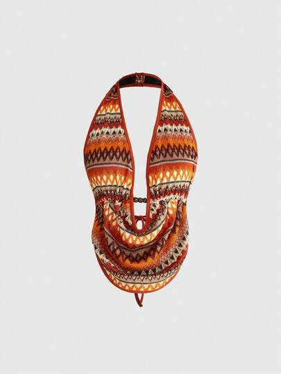 ROMWE Avant Women's Retro Vacation Boho Sexy Halter Wooden Bead Decor Jacquard Knit Camisole