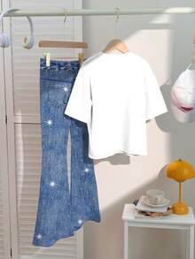 Bộ 2 món, phong cách giản dị tối giản sáng tạo cá tính tươi mới thanh lịch màu xanh dương và trắng bóng bẩy với họa tiết nơ trang trí, áo tay ngắn cổ tròn và quần ống loe, thích hợp cho mùa hè, đi chơi, dạo phố, ngày Valentine, hoặc để hai chị em gái cùng mặc. Quần jeans ống loe có nơ dễ thương. - Nhiều màu - Xem 3