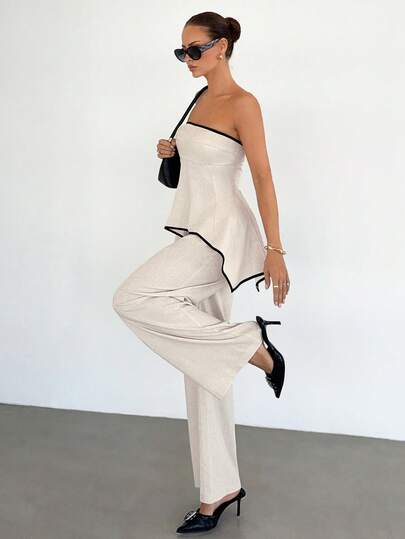 Siren Gaze Elegant Women's Strapless Peplum Top And Wide Leg Pants Two Piece Outfit Set, Contrast Trim Asymmetric Hem  Top + Low Waist Linen Pants Casual Comfortable 2 Pieces Set, Leisure Resort Women 2 Pieces Set, Beach Outfit, Linen Set, Business Casual, Summer