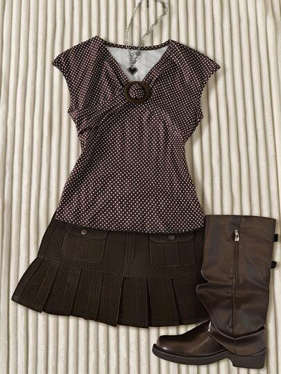 Tween Girls' Summer Casual Polka Dot Print T-Shirt With Ring Decor